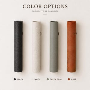 May include: Four cylindrical wall-mounted vases with a textured finish, displayed in black, white, green-gray, and rust colors. The text reads COLOR OPTIONS, CHOOSE YOUR FAVORITE, and lists the colors as BLACK, WHITE, GREEN GRAY, and RUST.