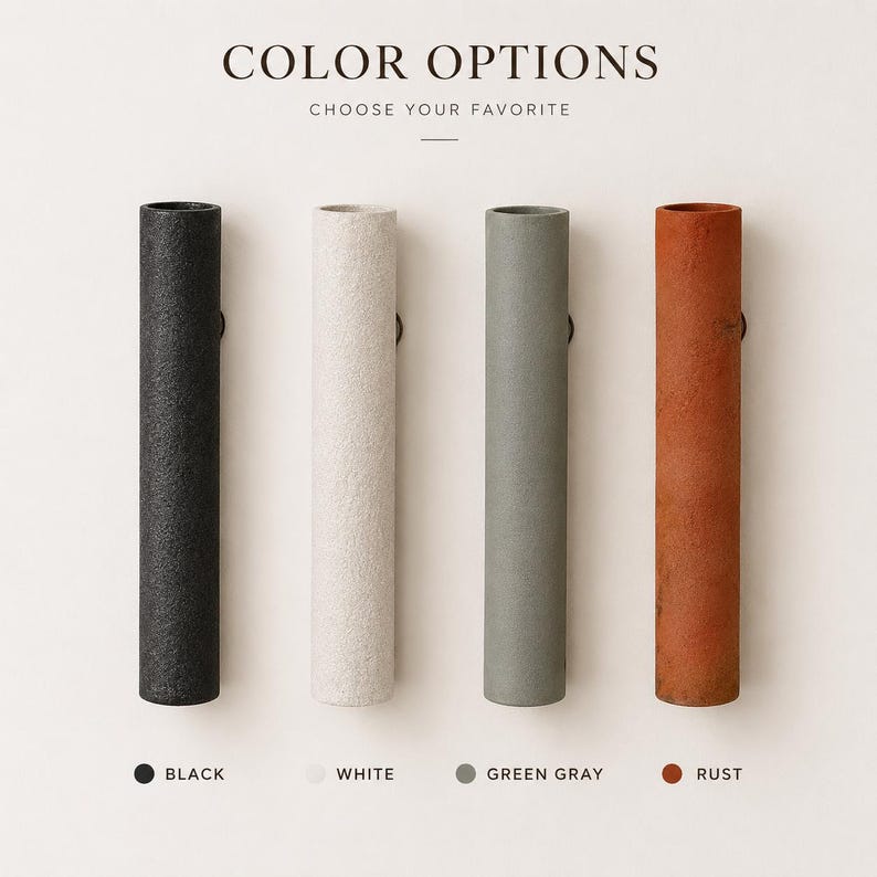 May include: Four cylindrical wall-mounted vases with a textured finish, displayed in black, white, green-gray, and rust colors. The text reads COLOR OPTIONS, CHOOSE YOUR FAVORITE, and lists the colors as BLACK, WHITE, GREEN GRAY, and RUST.