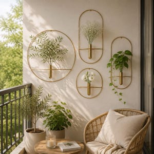 May include: Four gold-toned metal wall-mounted planters with cylindrical vases. Two are circular and two are oval, each holding various green plants and white flowers. The planters are arranged on a wall above a small wooden table and a wicker chair.