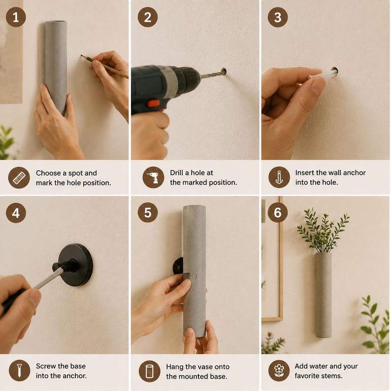 May include: A six-step instructional guide for mounting a cylindrical gray wall vase. Steps include marking the wall, drilling a hole, inserting an anchor, screwing in a black circular base, hanging the vase, and adding water with green stems.