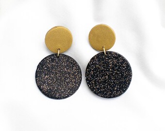 Midnight Gold Dual Circle // Polymer Clay Earring, Dangle Earrings, Statement Earrings, Minimalist Earring, Modern Earring