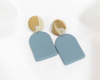 Blue Dome Gold Circle  // Polymer Clay Earring, Dangle Earrings, Statement Earrings, Minimalist Earring, Modern Earring