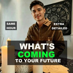 May include: A person wearing a brown button-down shirt sits behind a table with candles and a zodiac chart. Text overlays read SAME HOUR, EXTRA DETAILED, and WHAT'S COMING TO YOUR FUTURE. A paper with a hand-drawn pentagram sits on the table surface.