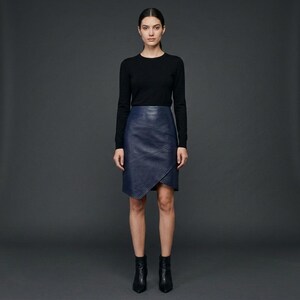 Navy Leather Skirt, Asymmetric Wrap Pencil Skirt, Womens Office Wear, Handmade Midi Skirt, Date Night Outfit, Gift For Christmas