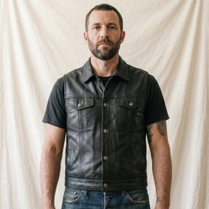 Men's Black Leather Trucker Vest, Snap Button Waistcoat, Motorcycle Biker Jacket