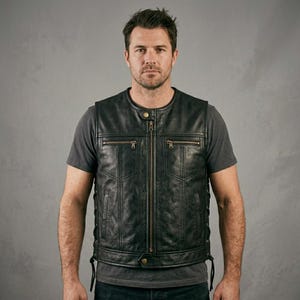 May include: A black leather vest featuring a central metal zipper closure, two horizontal zippered chest pockets, and a snap button at the collar and hem. The sides of the vest include adjustable leather lacing details for a secure fit.