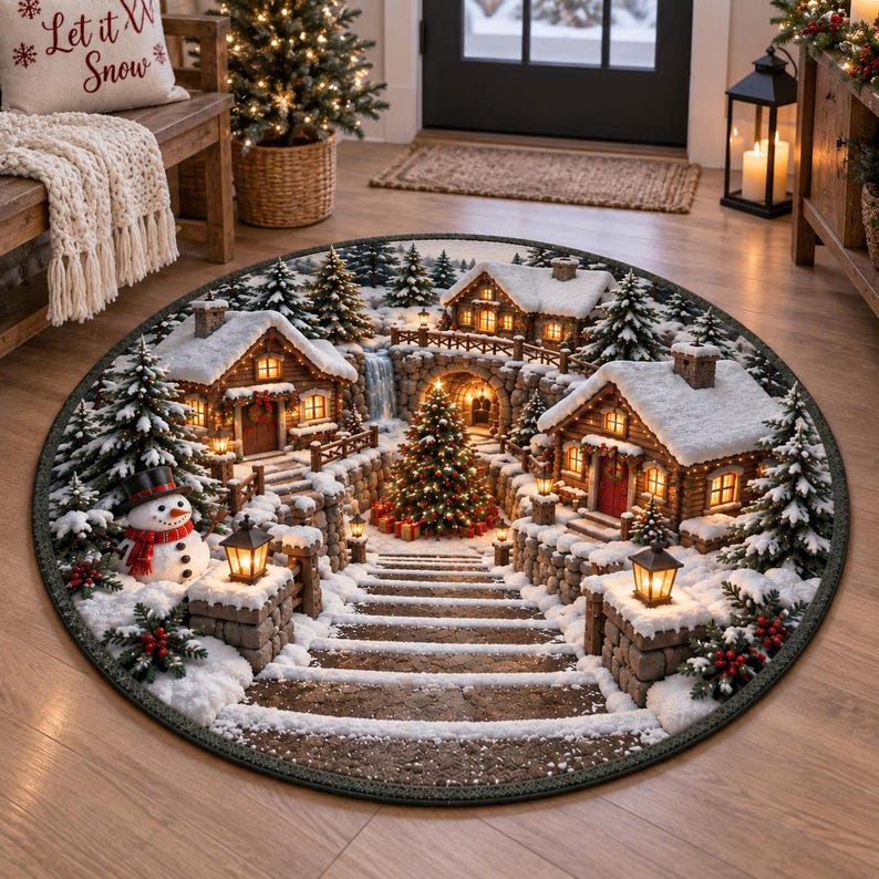 Pierre Sol Rond Tapis rond Village de Noël enneigé, tapis de sol illusion 3D ...