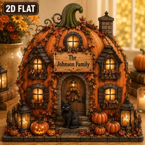 May include: A decorative pumpkin-shaped house featuring a sign that reads The Johnson Family, illuminated windows, a black cat sitting at the front door, and miniature pumpkins. The structure is adorned with autumn leaves and two lanterns.