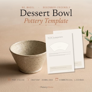 Può includere: Una ciotola in ceramica beige maculata è posizionata accanto a un documento modello di ceramica intitolato Dessert Bowl Pottery Template. Il documento presenta un disegno al tratto della parete di una ciotola e istruzioni per creare una ciotola senza tornio.