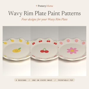 Puede incluir: Una guía digital titulada PotteryMama Wavy Rim Plate Paint Patterns con cuatro diseños para un plato de borde ondulado. La imagen muestra tres platos con motivos pintados: cítricos amarillos, cerezas rojas y flores rosas. Incluye texto: 4 DESIGNS / ONE ON EVERY WAVE / PRINTABLE PDF.