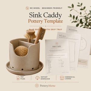 May include: A beige ceramic sink caddy with a matching drip tray, featuring a round body with drainage holes, holding a wooden scrub brush and a natural sponge. Beside it are printed pottery template instructions titled Sink Caddy.