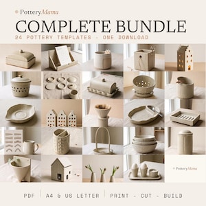 Puede incluir: Una colección digital titulada PotteryMama COMPLETE BUNDLE 24 POTTERY TEMPLATES - ONE DOWNLOAD. La imagen muestra una cuadrícula de veinticuatro objetos de cerámica beige moteada, incluyendo cajas con tapa, cuencos, tazas y farolillos.