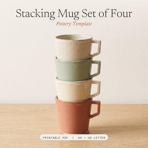 May include: A stacking mug set of four pottery template featuring four mugs in speckled cream, sage green, off-white, and terracotta colours. The text reads Stacking Mug Set of Four Pottery Template and PRINTABLE PDF / A4 + US LETTER.