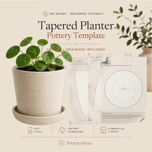 Può includere: Un modello di ceramica per vaso conico che include un vaso in ceramica beige maculato con piattino abbinato e una pianta verde. Il modello contiene istruzioni stampate per le parti A e B, oltre a un piattino per il vaso.