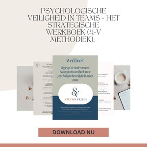 May include: A digital workbook titled Psychologische Veiligheid in Teams - Het Strategische Werkboek (4-V Methodiek) featuring a central cover with the Studio Veilig logo, surrounded by interior page previews, coffee, and office supplies.