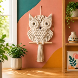 May include: A cream-colored macrame owl wall hanging featuring intricate knotted patterns, two large circular eyes with dark pupils, a small dark beak, and a long fringe tail suspended from a horizontal wooden dowel with a hanging cord.