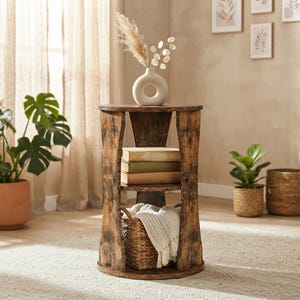 May include: A round, dark brown wood-grain side table with a central shelf and a curved base. The top surface holds a white, donut-shaped ceramic vase with dried stems. The middle shelf holds three stacked books, and the bottom shelf holds a woven basket.