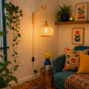 May include: A wall-mounted light fixture featuring a curved wooden arm and a woven bamboo lampshade. The lamp hangs from a braided cord connected to a black power switch and plug. It emits a warm glow, casting a lattice pattern on the wall.