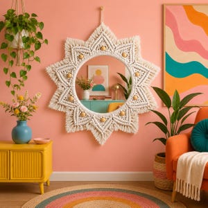 May include: A round wall mirror featuring a decorative macrame frame in an off-white color. The frame is shaped like a star with pointed edges and is accented with small, smooth, light-colored wooden beads integrated into the woven cord pattern.