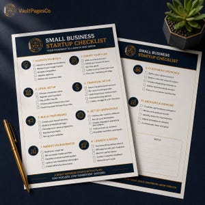 May include: Two white paper sheets titled Small Business Startup Checklist with dark blue headers and gold accents. The text outlines ten steps for business development, including validating ideas, legal setup, branding, and marketing, with checkboxes.
