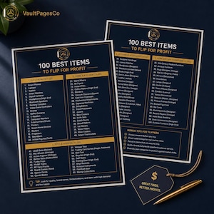 Puede incluir: Dos hojas informativas azul oscuro tituladas 100 BEST ITEMS TO FLIP FOR PROFIT con texto y bordes dorados. Una etiqueta azul oscuro a juego con un signo de dólar dorado y el texto GREAT FINDS. BETTER PROFITS. junto a un bolígrafo de metal dorado.