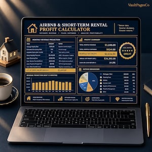 May include: A laptop screen displaying an Airbnb and short-term rental profit calculator spreadsheet with a dark blue background, gold text, a monthly revenue projection table, a profit summary, a pie chart expense breakdown, and a bar graph.