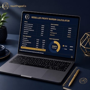 May include: A laptop screen displaying a Reseller Profit Margin Calculator with sections for inputs, profit summary, profit breakdown, and a circular profit visualization chart. The interface uses a dark blue background with gold text and accents.