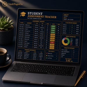 Puede incluir: Una pantalla de portátil que muestra un rastreador digital de tareas estudiantiles con texto dorado sobre fondo oscuro. La interfaz incluye tablas de tareas, resúmenes de calificaciones, un gráfico circular de distribución y un resumen semestral.