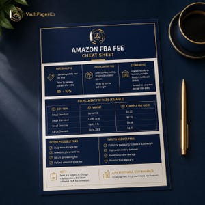 Może przedstawiać: Ciemnoniebieski arkusz informacyjny o opłatach Amazon FBA ze złotym tekstem i obramowaniem. Wykres przedstawia opłaty za polecenie, realizację i przechowywanie, zawiera tabelę poziomów opłat z wagą w funtach oraz porady dotyczące oszczędności.