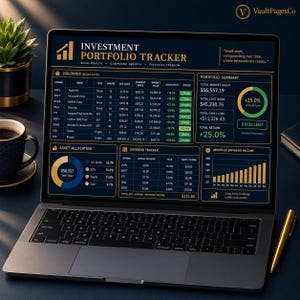 May include: A laptop screen displaying an Investment Portfolio Tracker dashboard with gold and white text on a dark blue background. The interface includes a holdings table, portfolio summary, asset allocation pie chart, and dividend income bar graph.