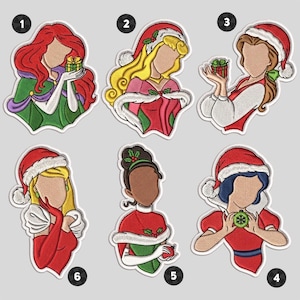 May include: Six embroidered patches featuring faceless female figures in holiday attire. Each figure wears a Santa hat or festive clothing, with some holding small wrapped gifts or ornaments. The designs include red, green, and white color palettes.