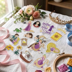 May include: A collection of embroidered patches featuring characters and icons from a fairy tale, including a long-haired figure in a purple dress, a horse, a chameleon, and a sign with the text Mother knows Best, arranged on a white fabric surface.