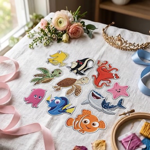Aufnäher „Findet Nemo und Dorie“ (individuell bestickt), Vintage-Aufnäher mit Meeresschildkröte zum Aufbügeln, Disney-Fan-Aufnäher mit Klettverschluss für Kinder, Verzierung für Jeansjacken und Taschen