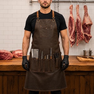 May include: A dark brown leather apron featuring adjustable tan leather shoulder straps with metal hardware, a chest pocket, and multiple lower utility pockets containing a meat cleaver, various knives, a sharpening steel, and kitchen shears.