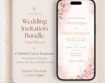 Pastel Bloom Wedding Invitation Bundle, Editable Canva Templates, Floral Wedding Suite, Digital Download