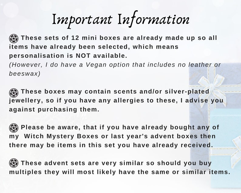 Important Info
These boxes are made up so can't have personalisation, though do have vegan option.

May contain scents &/or silver plated jewelry, allergy sufferers, take note.

May contain the same or similar things my Witch Mystery boxes have.