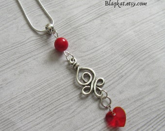 Celtic Pagan Knot Necklace Featuring Red Coral Gemstone and Love Heart Charm