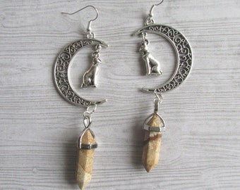 Cat Goddess Bastet Crescent Moon Earrings With Picture Jasper Gemstone Pendants, Egyptian Deity Bast