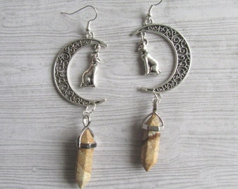 Cat Goddess Bastet Crescent Moon Earrings With Picture Jasper Gemstone Pendants, Egyptian Goddess Bast