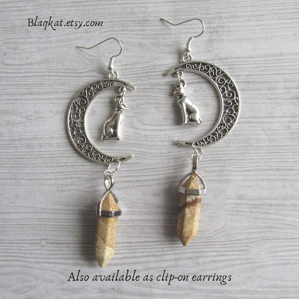 Cat Goddess Bastet Crescent Moon Earrings With Picture Jasper Gemstone Pendants, Egyptian Goddess Bast