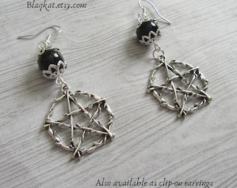 Silver Branch Pentacle Earrings with Black Onyx Gemstones, Perfect Witchy Gift Jewellery