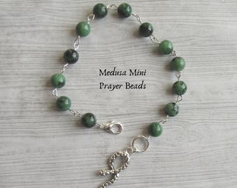 Medusa Mini Prayer Beads with Green Ruby Xosite Gemstone Beads to Honour the Snake Haired Greek Gorgon
