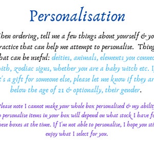 Personalisation: When ordering tell me a few things about yourself and your practice, include things like deities, animals, colour, elements, zodiac signs, whether you are new to the path, if you have allergies or are vegan etc