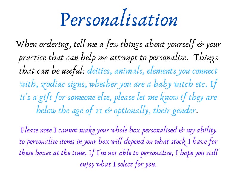 Personalisation: When ordering tell me a few things about yourself and your practice, include things like deities, animals, colour, elements, zodiac signs, whether you are new to the path, if you have allergies or are vegan etc