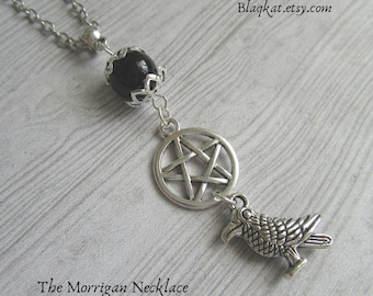 The Morrigan Necklace with Black Onyx and a Silver Pentacle, Goddess of Death