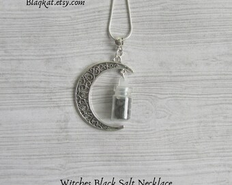 Witches Black Salt Necklace with Filigree Crescent Moon