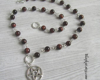 Red Tiger's Eye Gemstone Beaded Necklace with Witches Pentacle Charm, Gift Jewellery For Her