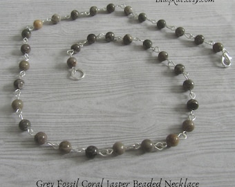 Grey Fossil Coral Jasper Gemstone Beaded Necklace, Perfect gift of Gemstone Crystal Jewellery Accessories