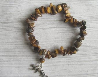 Golden Tiger's Eye Gemstone Chip Stretchy Bracelet With Big Cat Tiger Charm, Cat Spirit Guide Jewellery, Bastet and Sekhmet accessories