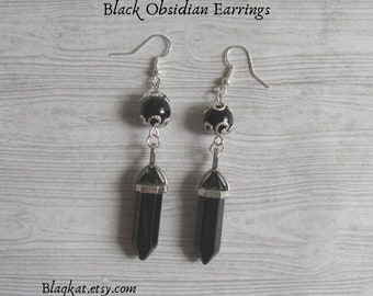 Black Obsidian Crystal Point Dangle Drop Earrings